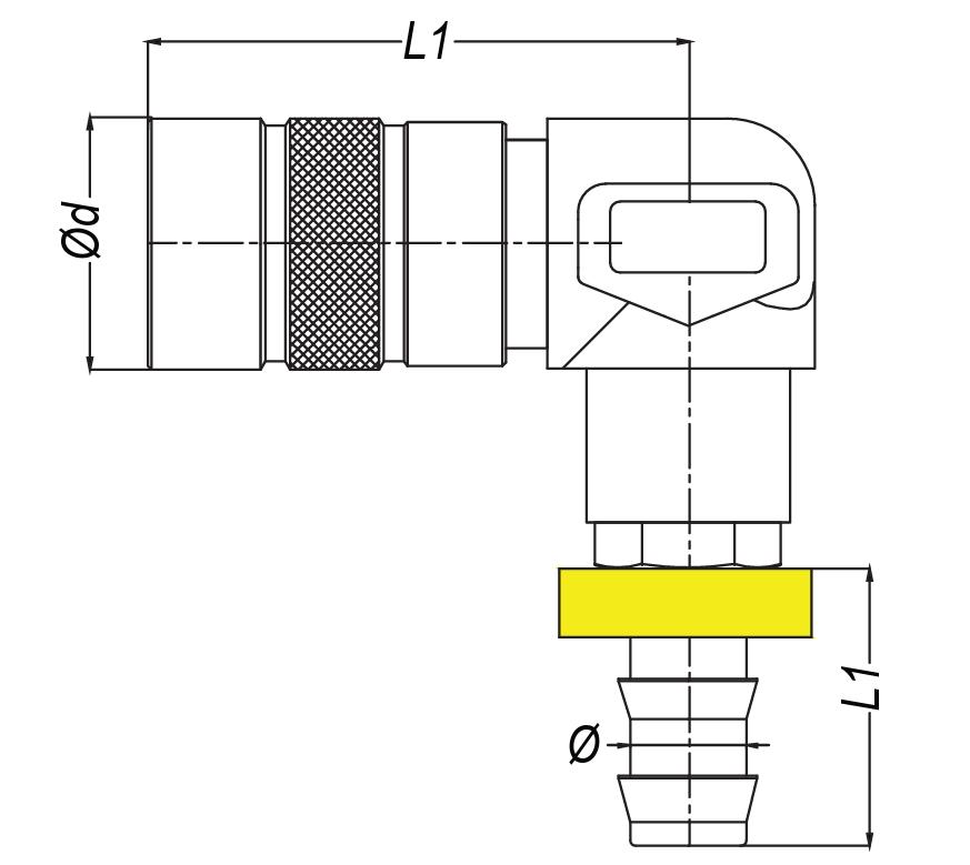 Non Spil Coupling Hose Tail, Push On, 90 dg.